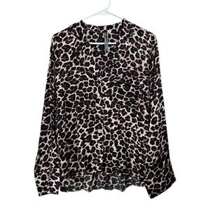 NWT By Anthropologie Size Small Leopard Print Satin Pajama Button Front Top